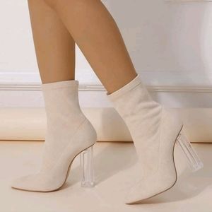 Minimalist Clear Toe Chunky Heel Sock Boots